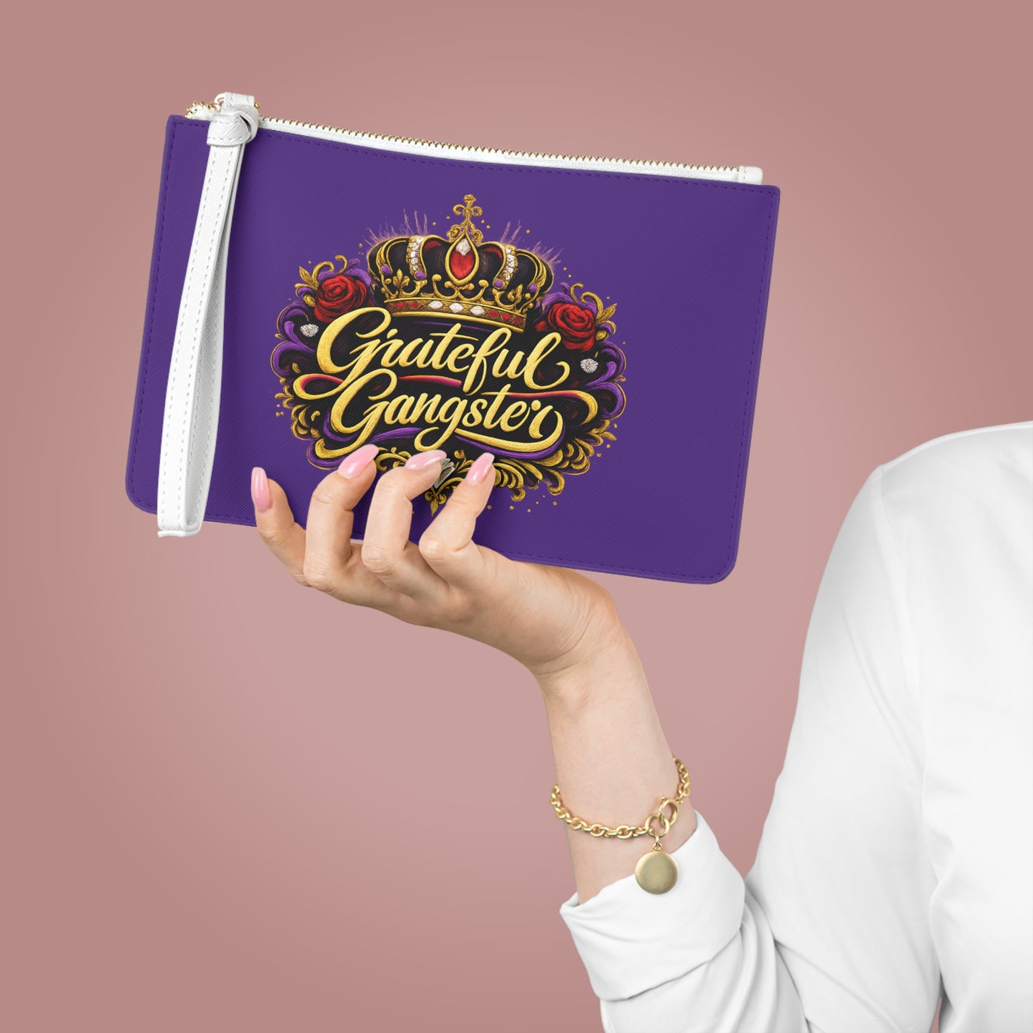 Grateful Gangster Clutch Bag — Purple Wristlet with Crown & Rose Graphic