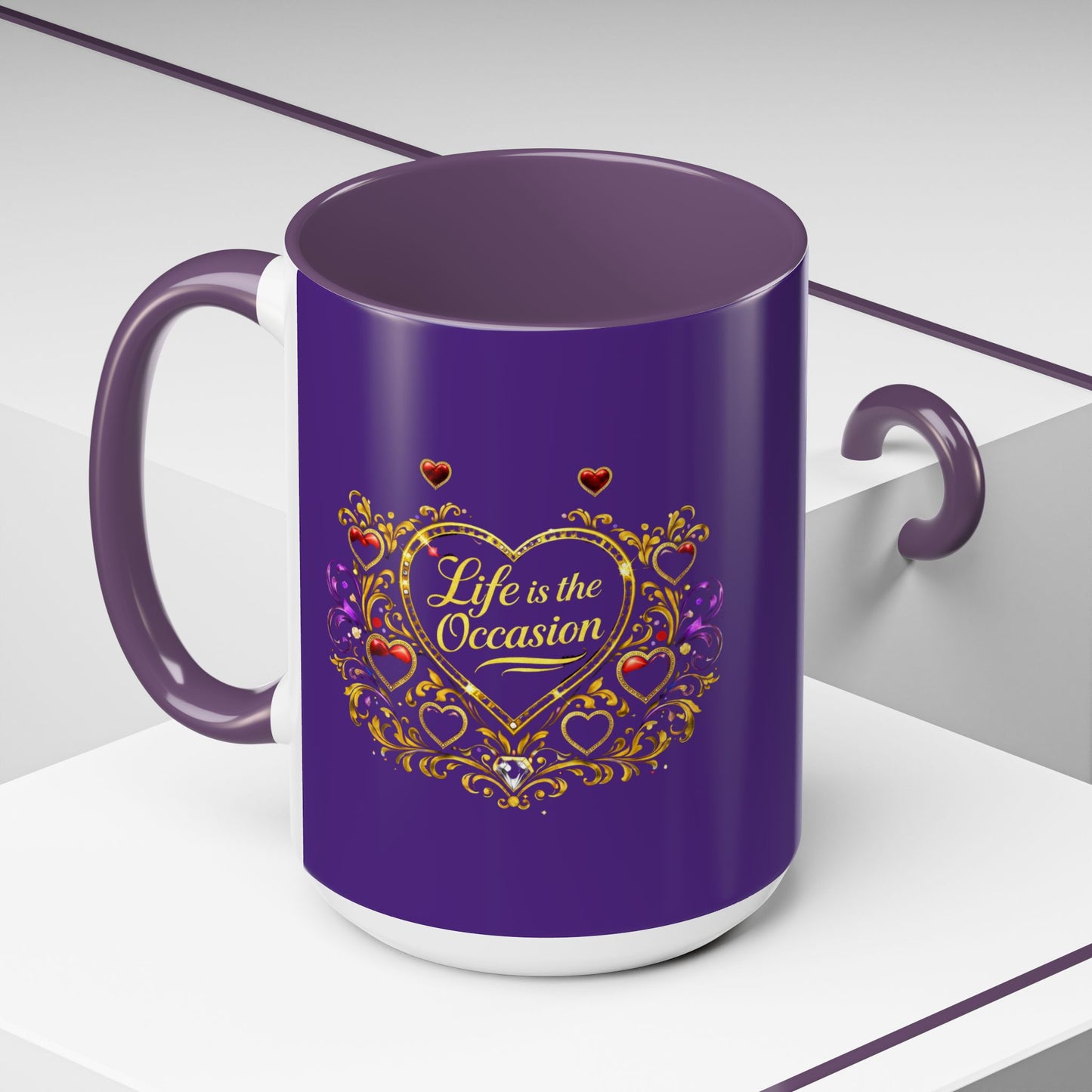 Life Is the Occasion Gold Heart Accent Coffee Mug — Inspirational Purple 11/15oz