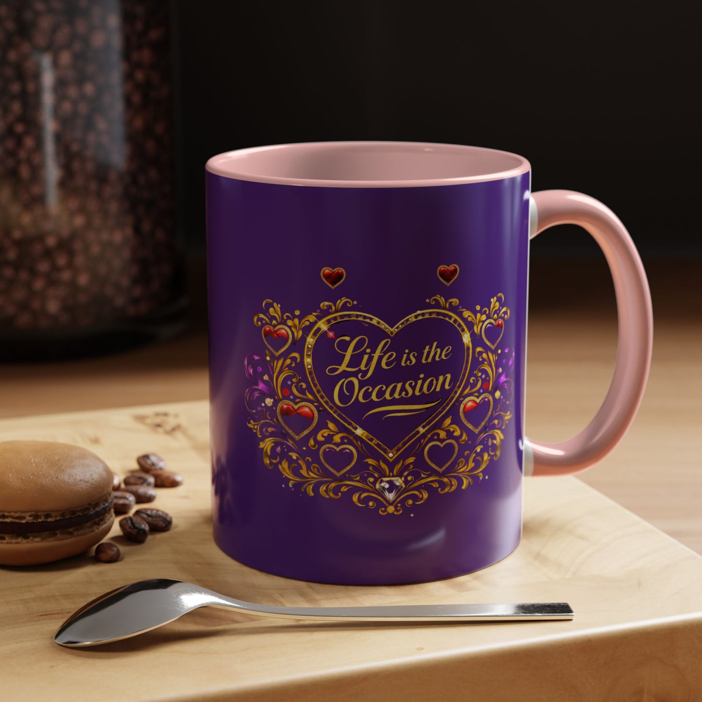 Life Is the Occasion Gold Heart Accent Coffee Mug — Inspirational Purple 11/15oz