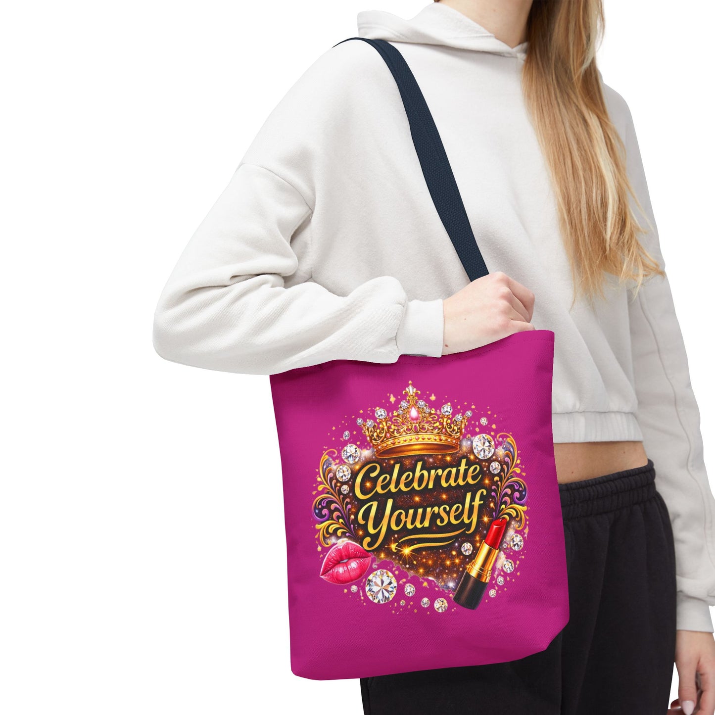 Celebrate Yourself Pink Tote Bag — Crown & Lipstick Glam Aesthetic