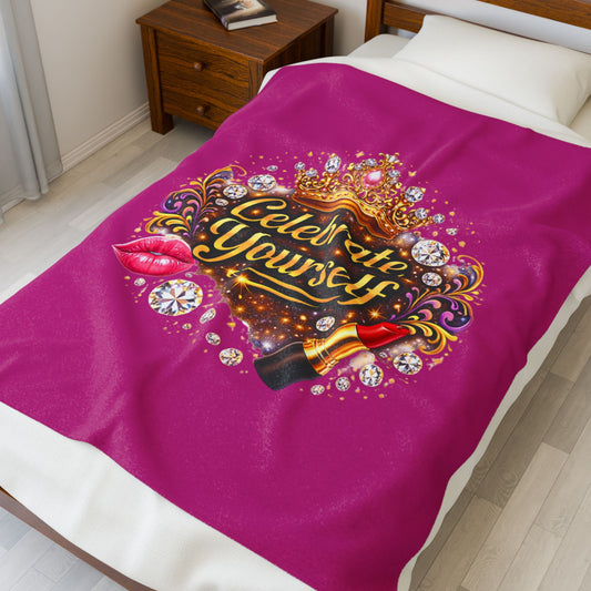 Celebrate Yourself Velveteen Plush Blanket — Glam Crown, Lipstick & Jewel Graphic
