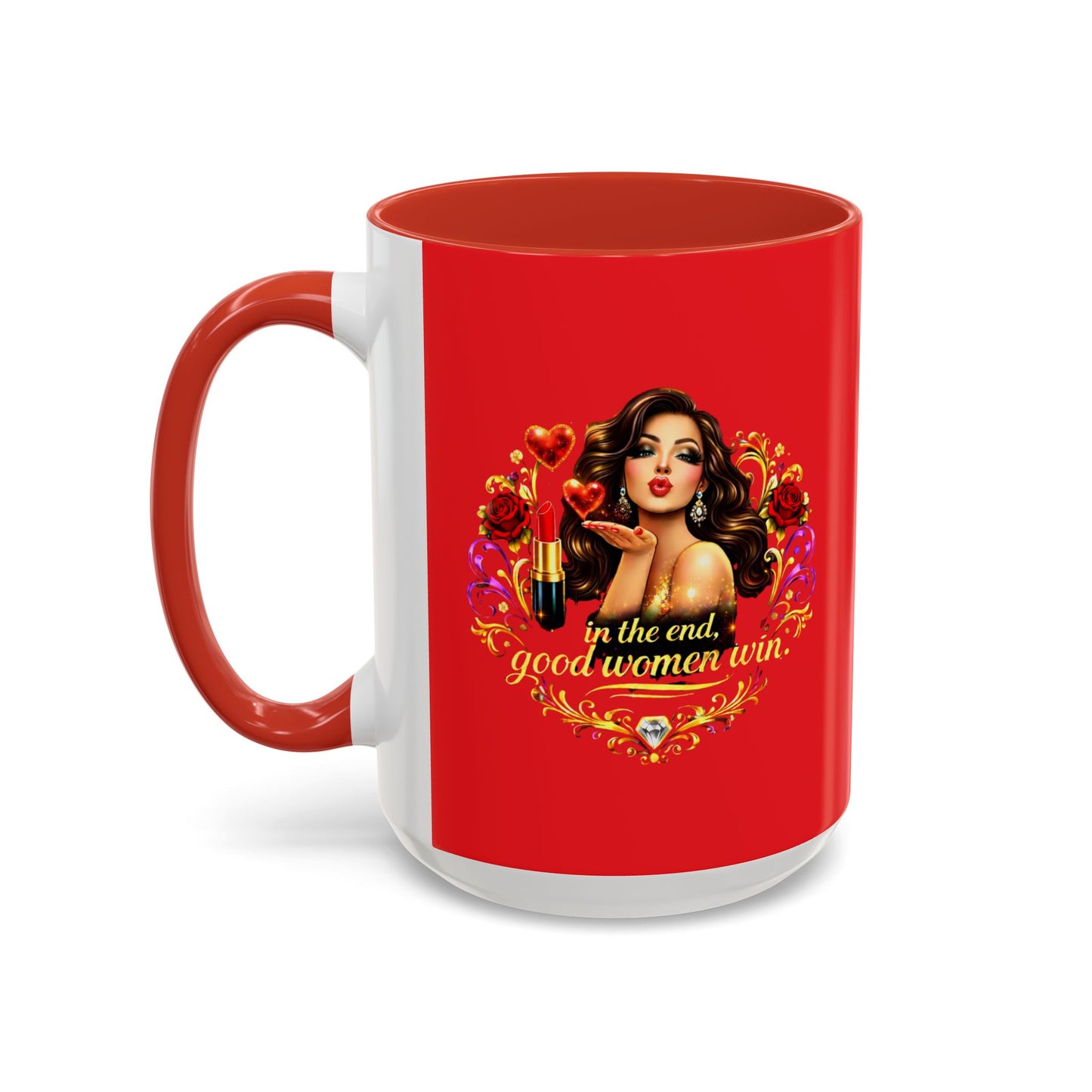 Coffee Mug — "In the End, Good Women Win" BRUNETTE Retro Pin-Up Design