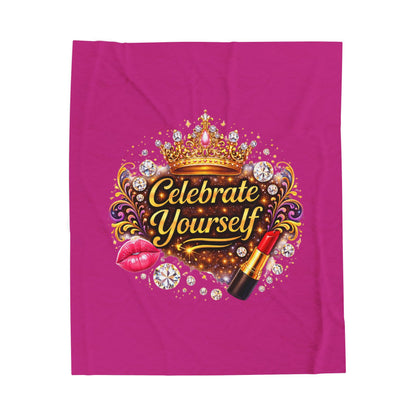 Celebrate Yourself Velveteen Plush Blanket — Glam Crown, Lipstick & Jewel Graphic