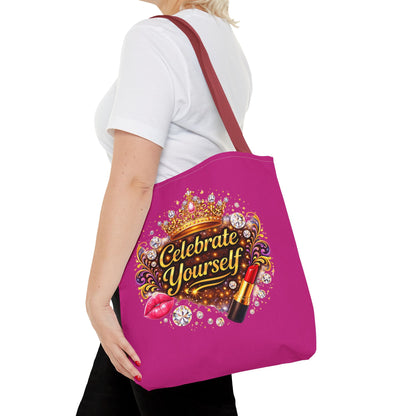 Celebrate Yourself Pink Tote Bag — Crown & Lipstick Glam Aesthetic