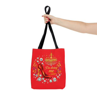 Red 'I'm Doing Me' Tote Bag — Glam High Heel & Chandelier Design
