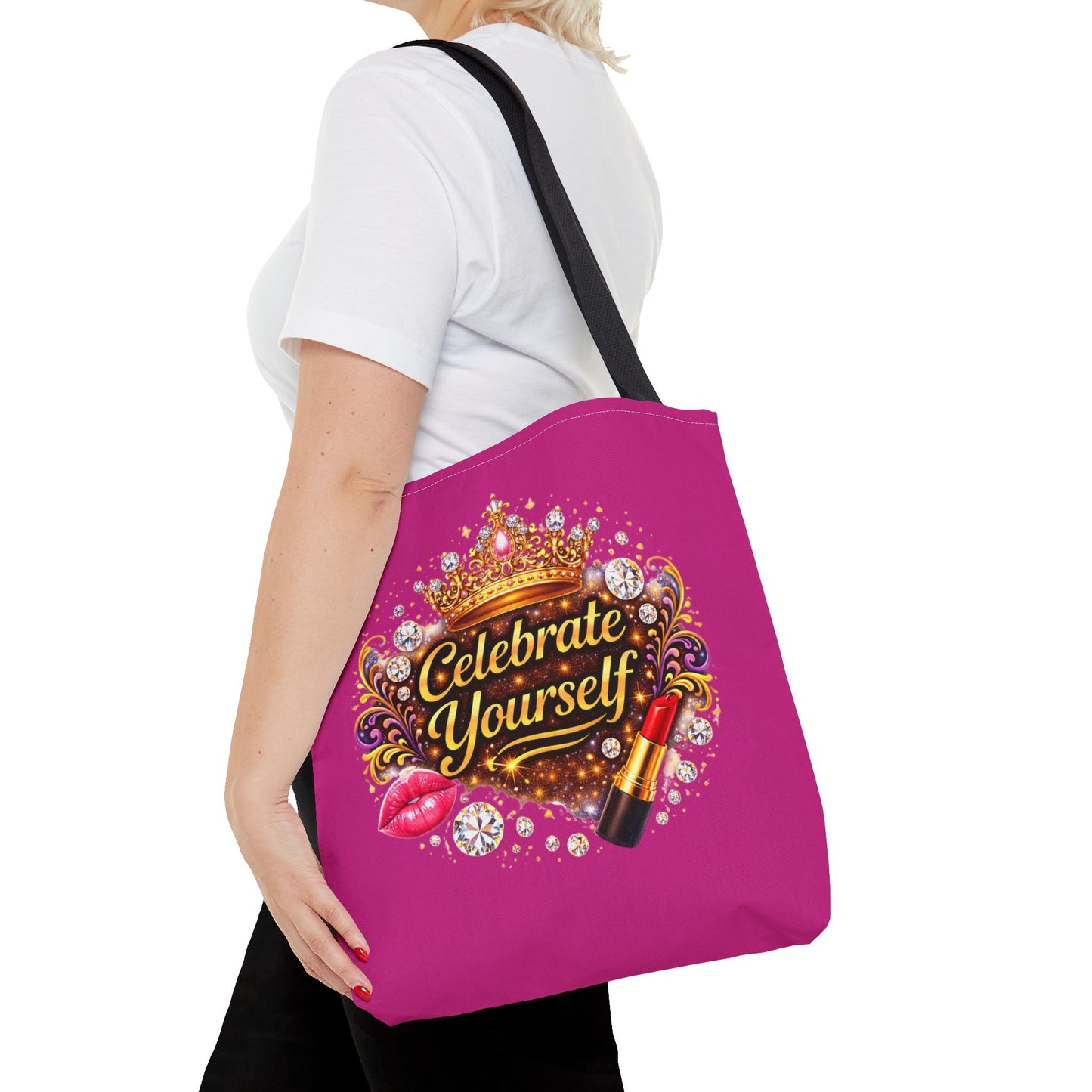 Celebrate Yourself Pink Tote Bag — Crown & Lipstick Glam Aesthetic
