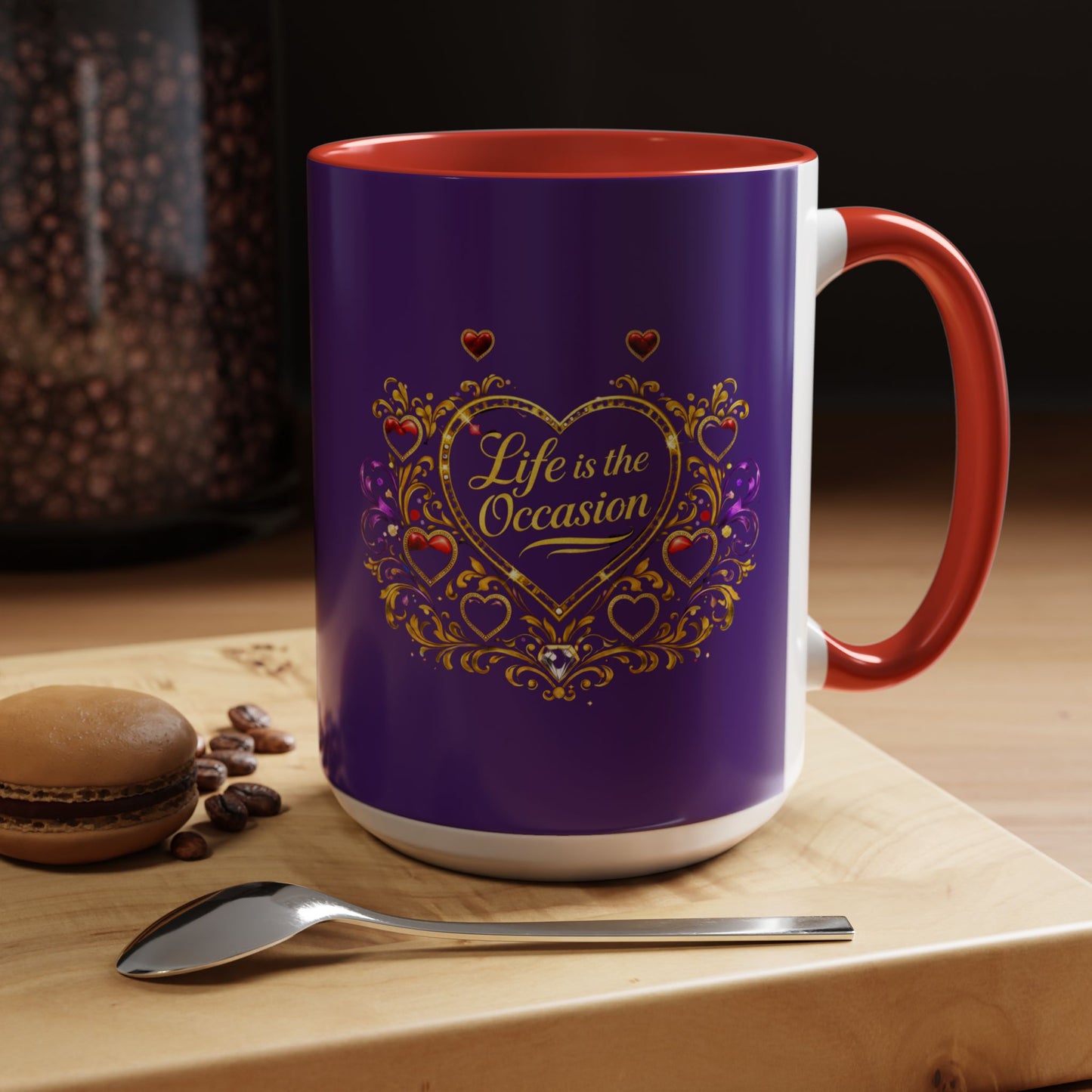 Life Is the Occasion Gold Heart Accent Coffee Mug — Inspirational Purple 11/15oz