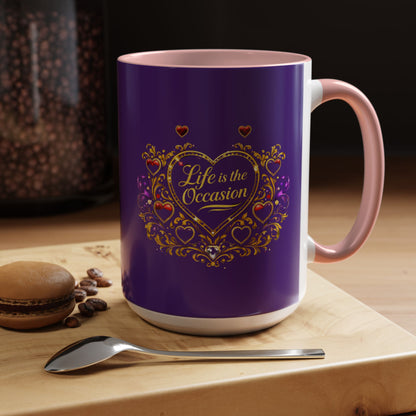 Life Is the Occasion Gold Heart Accent Coffee Mug — Inspirational Purple 11/15oz