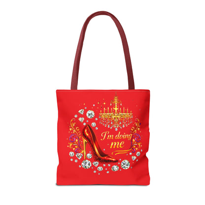 Red 'I'm Doing Me' Tote Bag — Glam High Heel & Chandelier Design