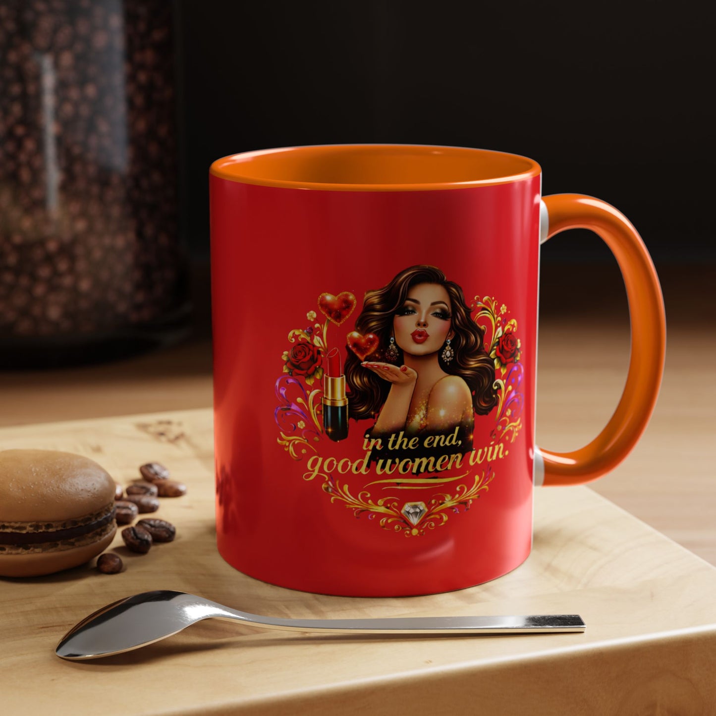 Coffee Mug — "In the End, Good Women Win" BRUNETTE Retro Pin-Up Design