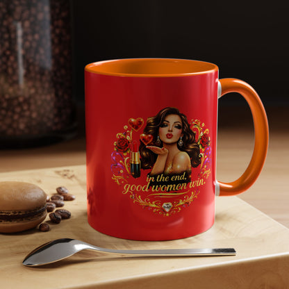 Coffee Mug — "In the End, Good Women Win" BRUNETTE Retro Pin-Up Design