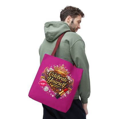 Celebrate Yourself Pink Tote Bag — Crown & Lipstick Glam Aesthetic