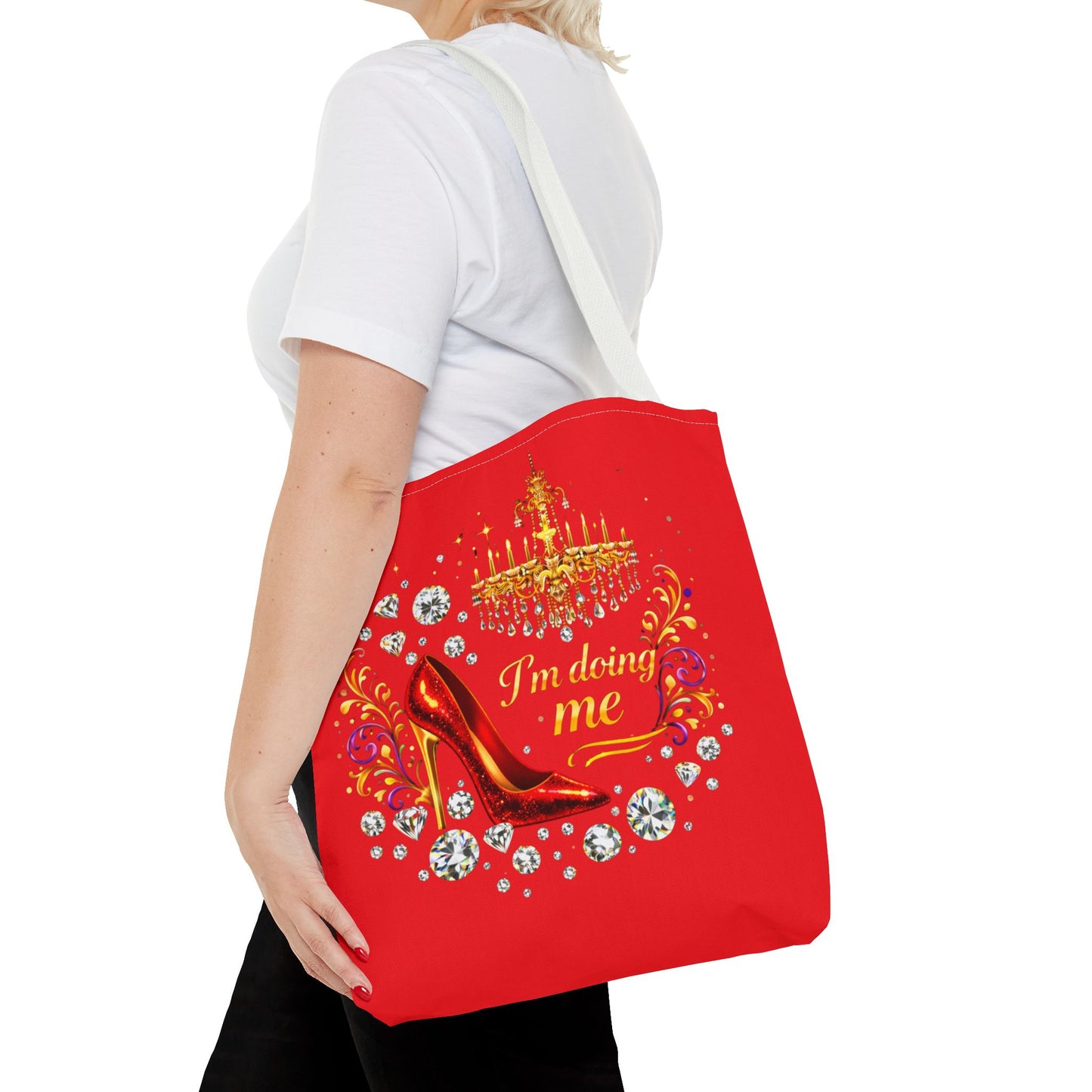Red 'I'm Doing Me' Tote Bag — Glam High Heel & Chandelier Design