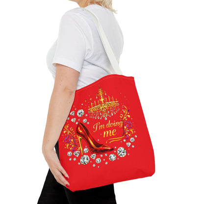 Red 'I'm Doing Me' Tote Bag — Glam High Heel & Chandelier Design
