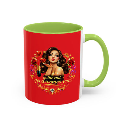 Coffee Mug — "In the End, Good Women Win" BRUNETTE Retro Pin-Up Design