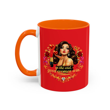 Coffee Mug — "In the End, Good Women Win" BRUNETTE Retro Pin-Up Design