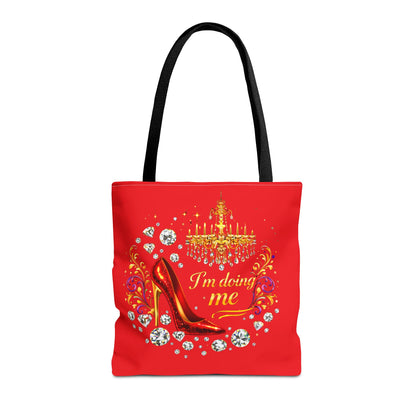 Red 'I'm Doing Me' Tote Bag — Glam High Heel & Chandelier Design