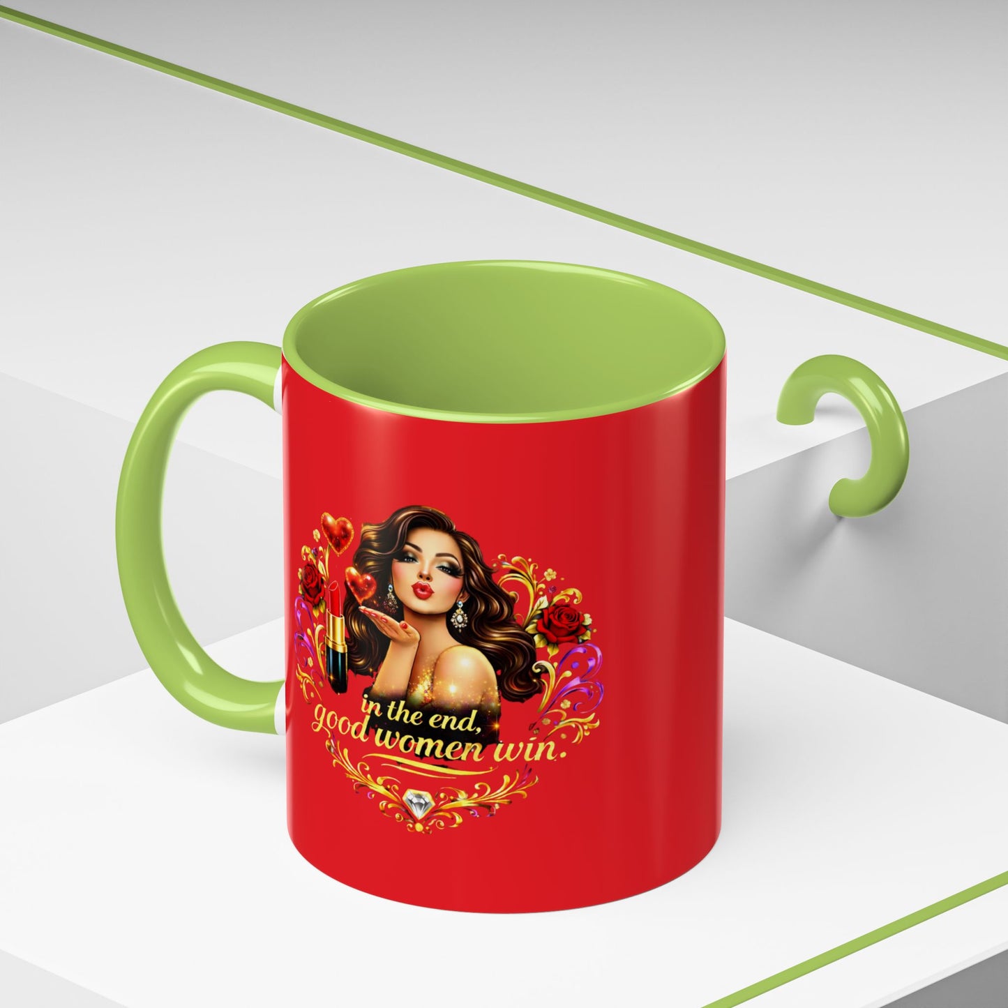 Coffee Mug — "In the End, Good Women Win" BRUNETTE Retro Pin-Up Design
