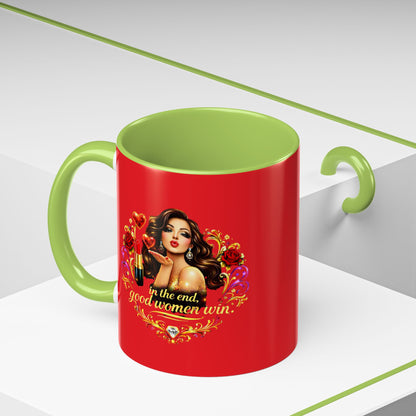 Coffee Mug — "In the End, Good Women Win" BRUNETTE Retro Pin-Up Design