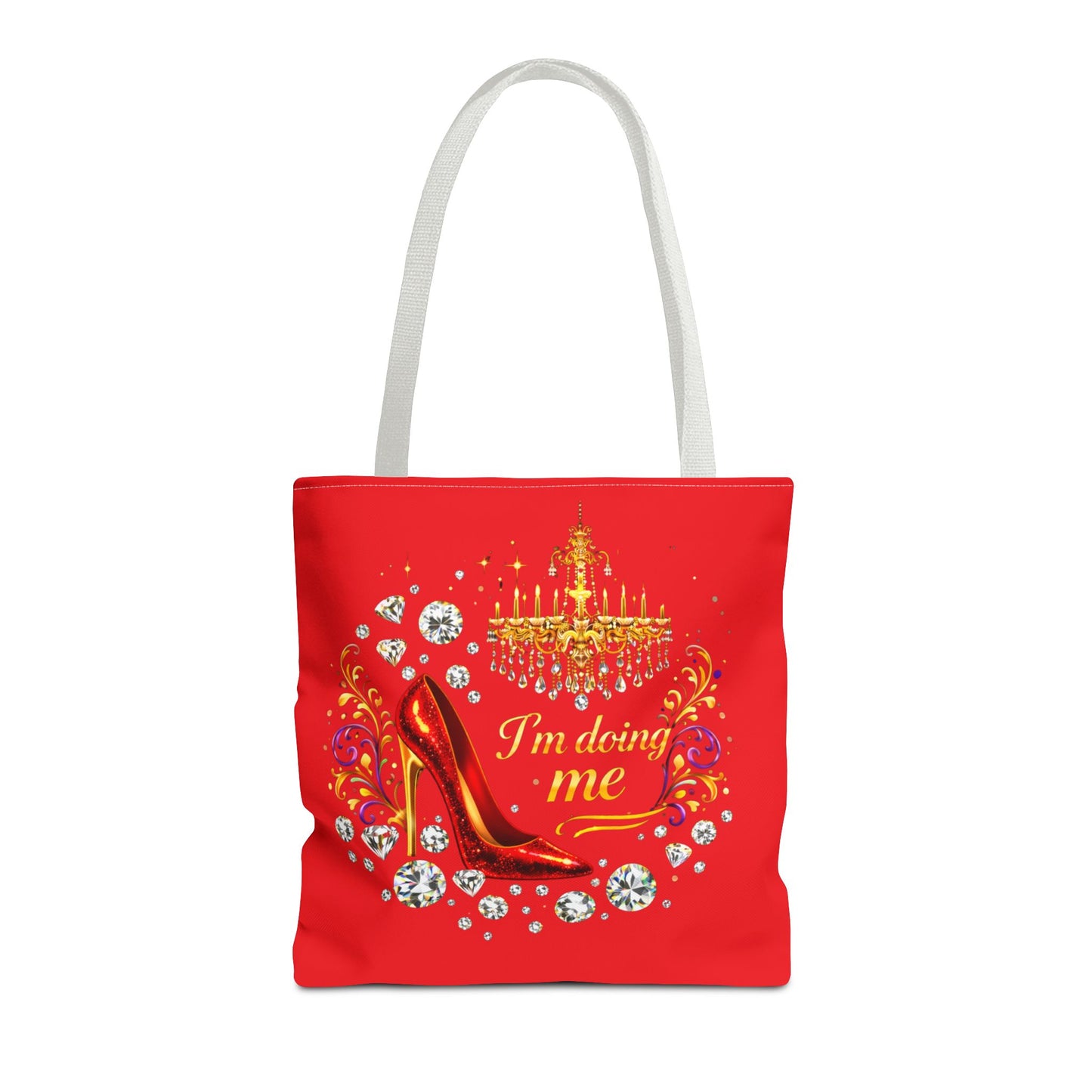 Red 'I'm Doing Me' Tote Bag — Glam High Heel & Chandelier Design