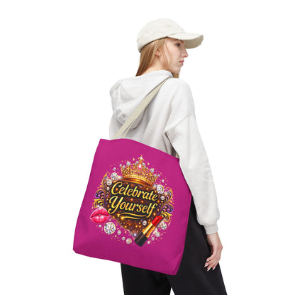 Celebrate Yourself Pink Tote Bag — Crown & Lipstick Glam Aesthetic