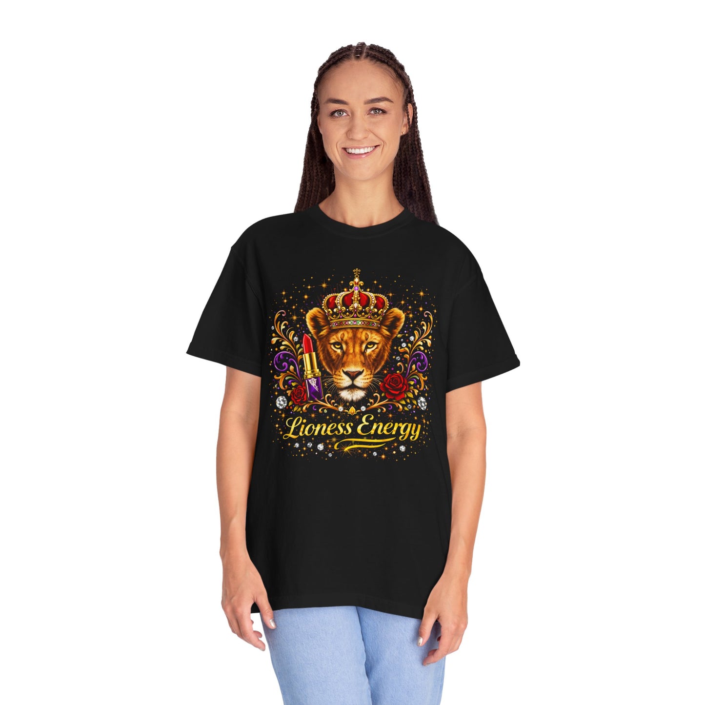 Lioness Crown T-Shirt — Regal Lion Head Graphic with Crown, Rose & 'Lioness Energy'