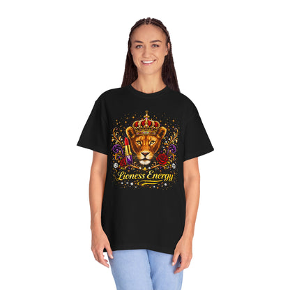 Lioness Crown T-Shirt — Regal Lion Head Graphic with Crown, Rose & 'Lioness Energy'