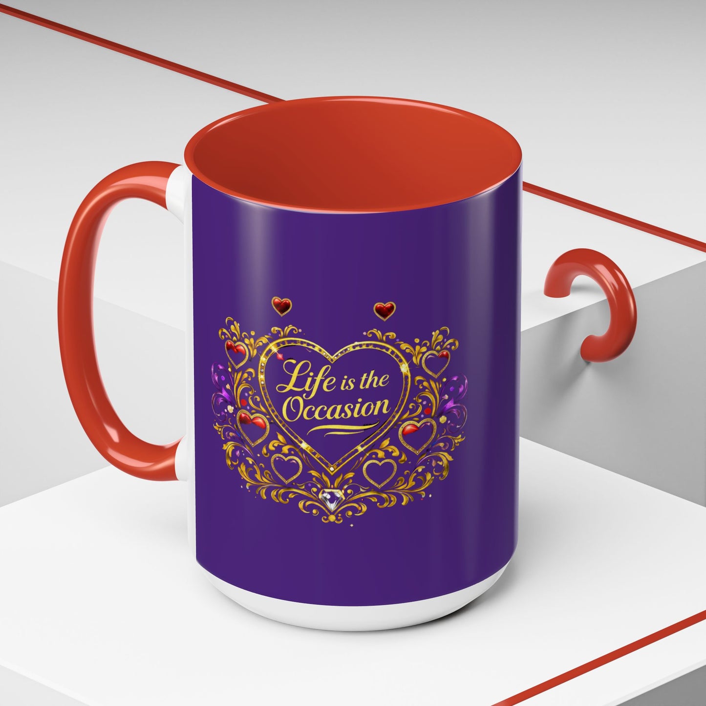Life Is the Occasion Gold Heart Accent Coffee Mug — Inspirational Purple 11/15oz