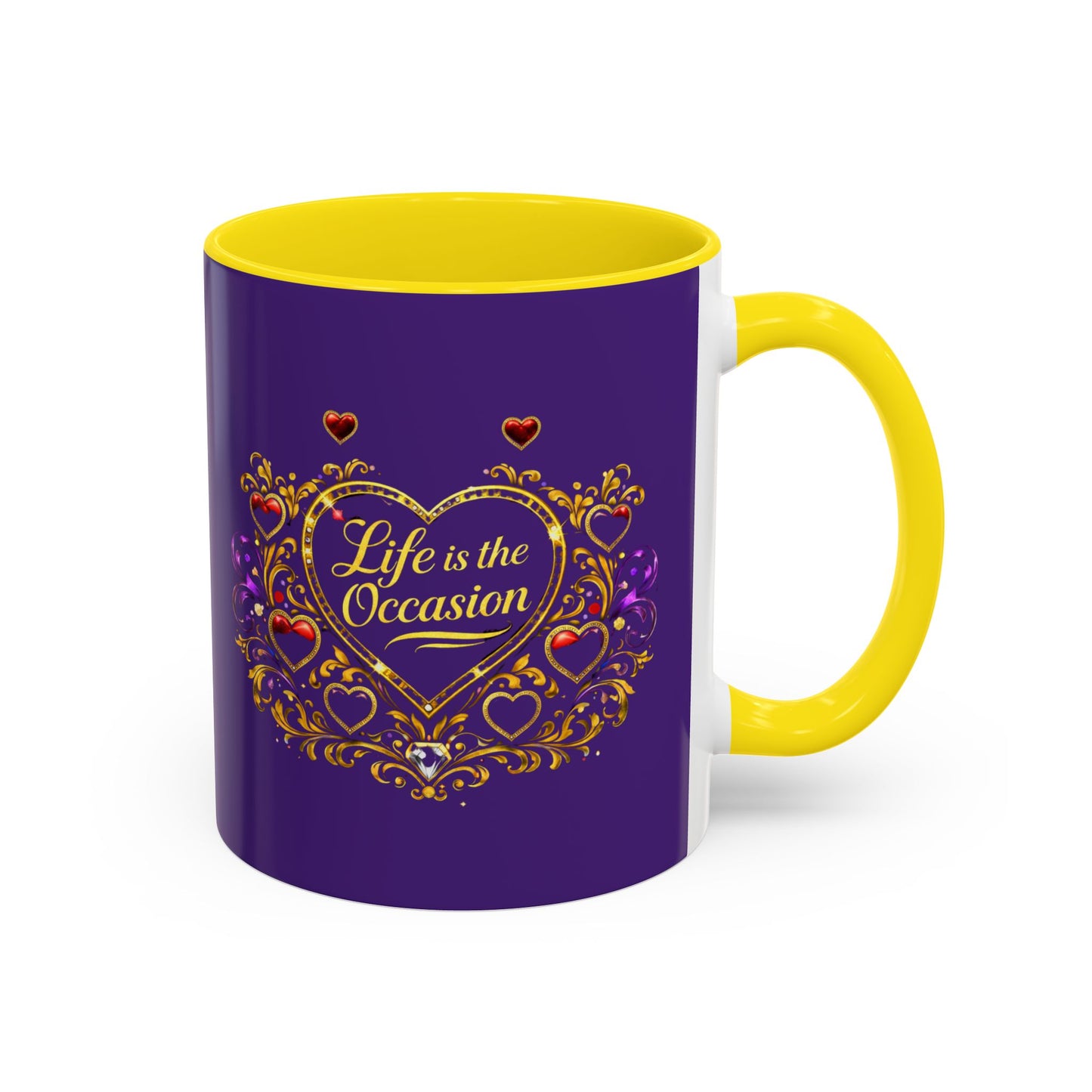 Life Is the Occasion Gold Heart Accent Coffee Mug — Inspirational Purple 11/15oz