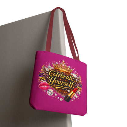 Celebrate Yourself Pink Tote Bag — Crown & Lipstick Glam Aesthetic
