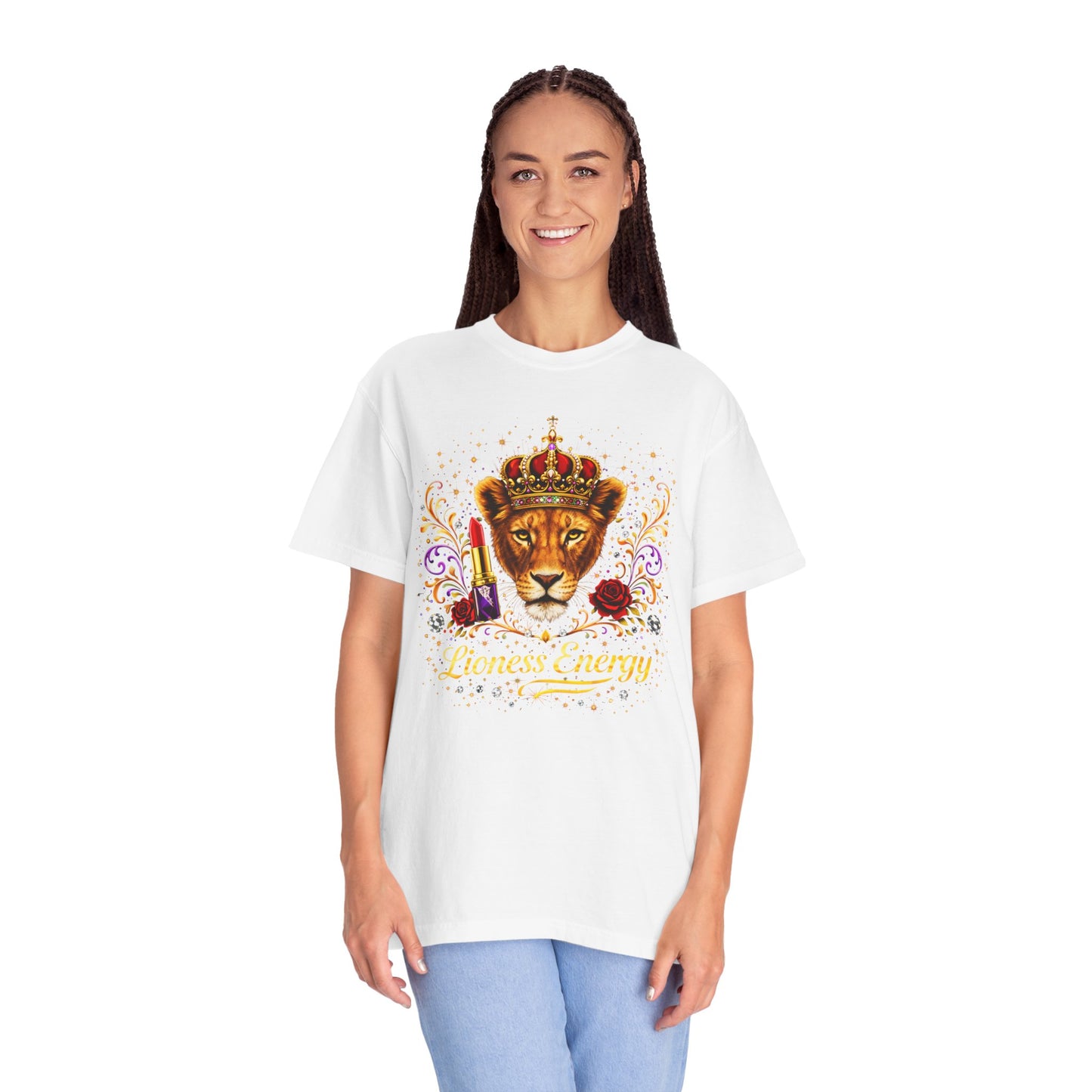 Lioness Crown T-Shirt — Regal Lion Head Graphic with Crown, Rose & 'Lioness Energy'