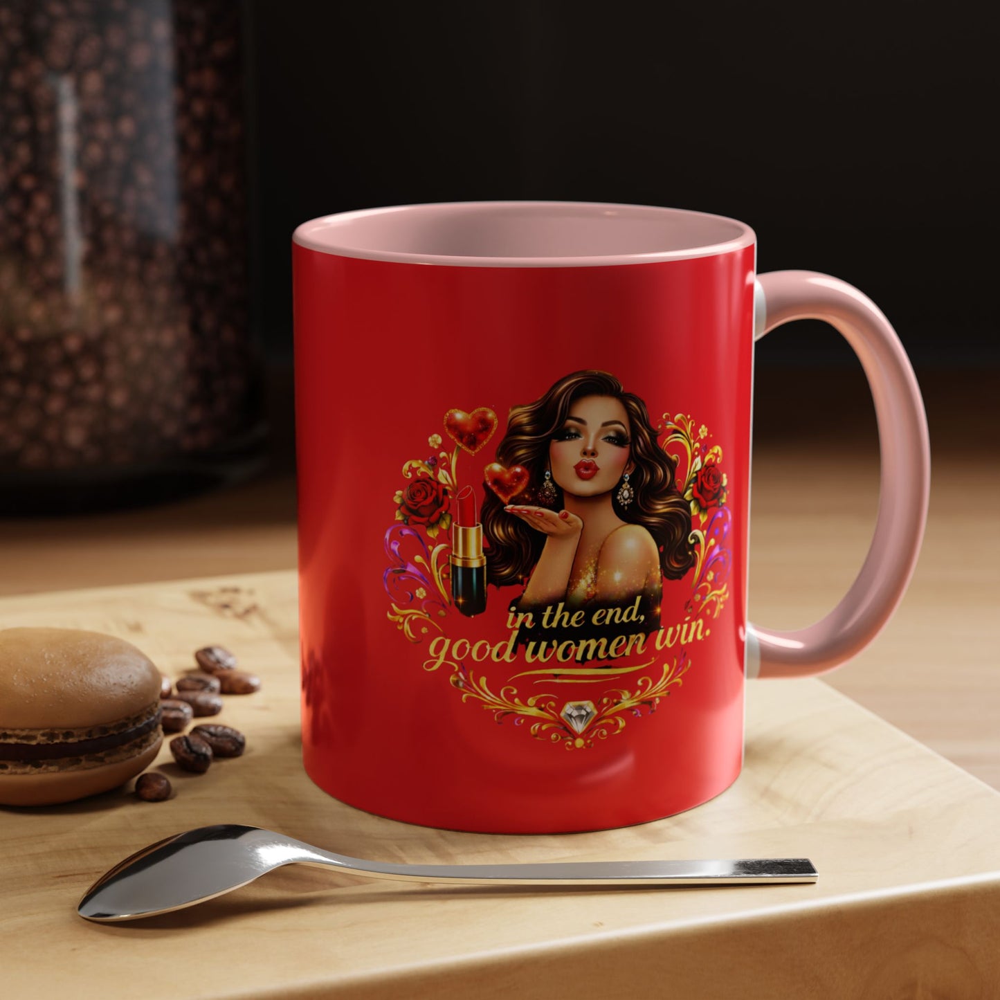 Coffee Mug — "In the End, Good Women Win" BRUNETTE Retro Pin-Up Design