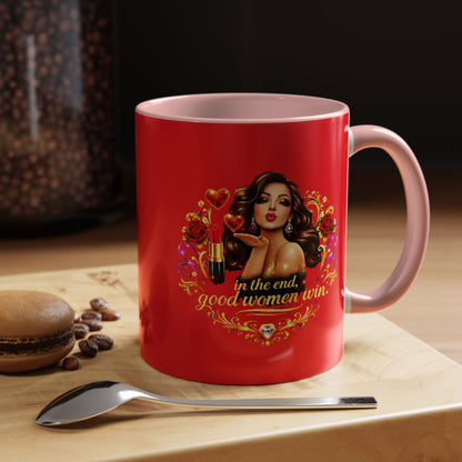 Coffee Mug — "In the End, Good Women Win" BRUNETTE Retro Pin-Up Design