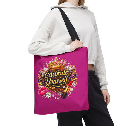 Celebrate Yourself Pink Tote Bag — Crown & Lipstick Glam Aesthetic