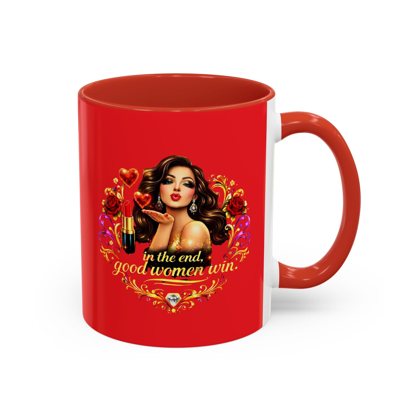 Coffee Mug — "In the End, Good Women Win" BRUNETTE Retro Pin-Up Design