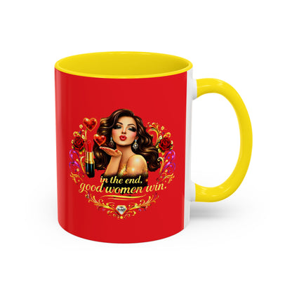 Coffee Mug — "In the End, Good Women Win" BRUNETTE Retro Pin-Up Design