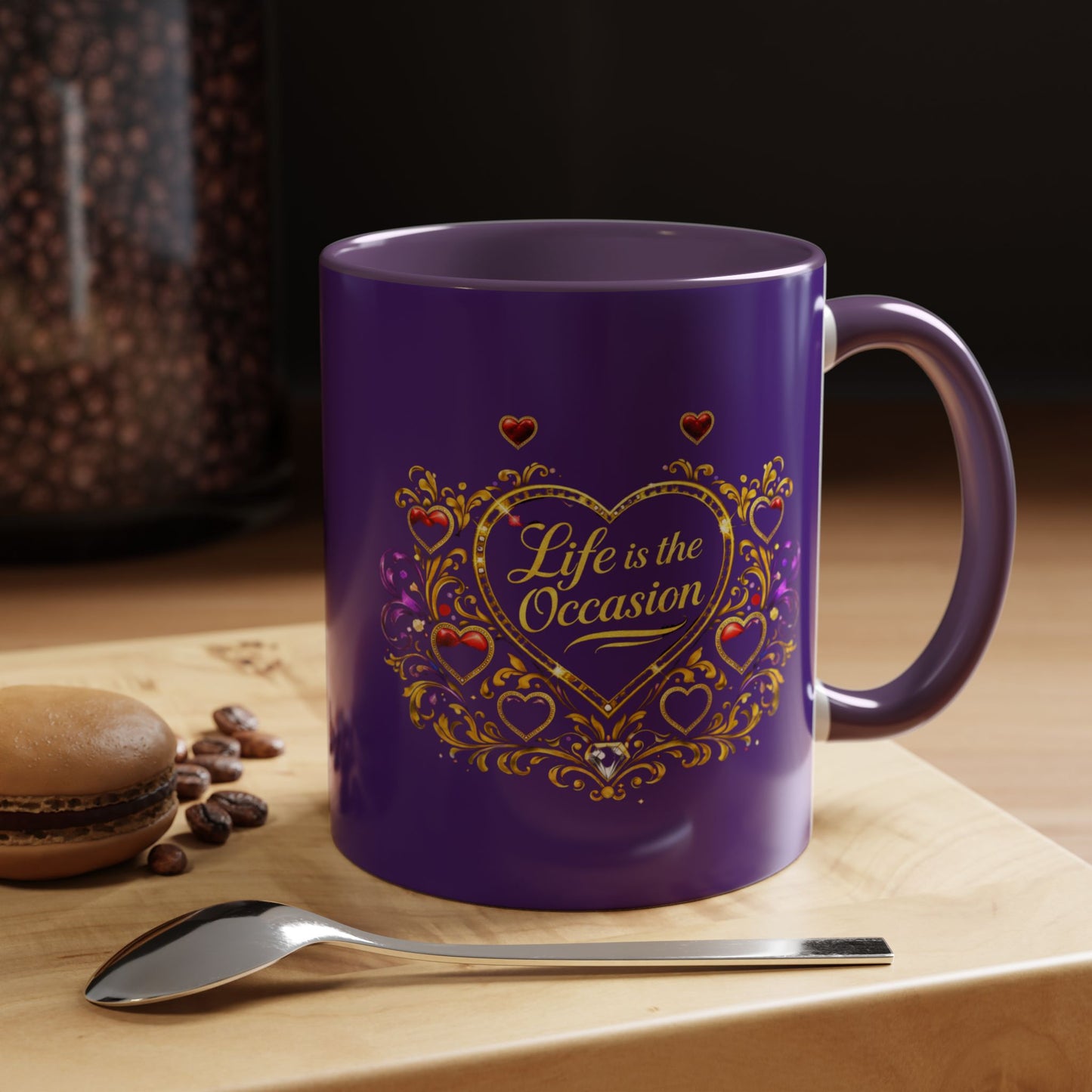 Life Is the Occasion Gold Heart Accent Coffee Mug — Inspirational Purple 11/15oz