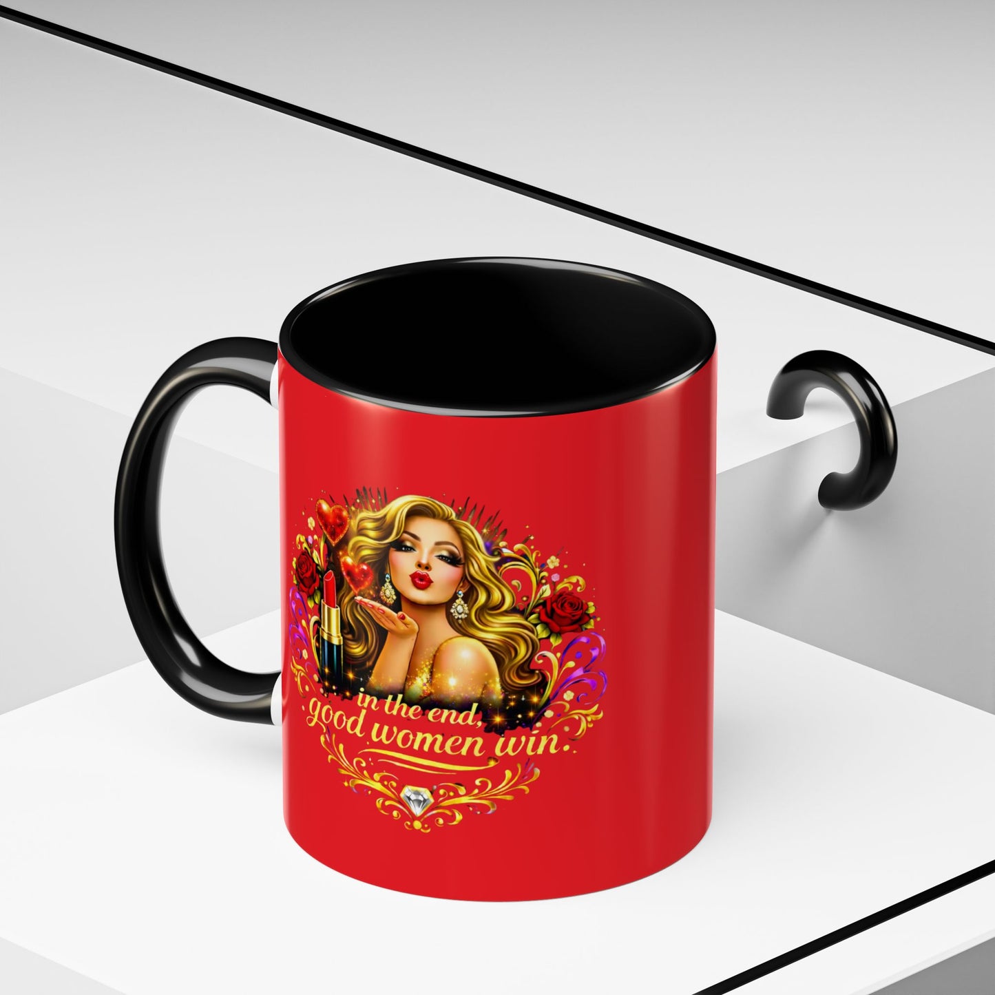 Coffee Mug — “In the End, Good Women Win” BLONDE Retro Glam Accent Mug (11/15 oz)