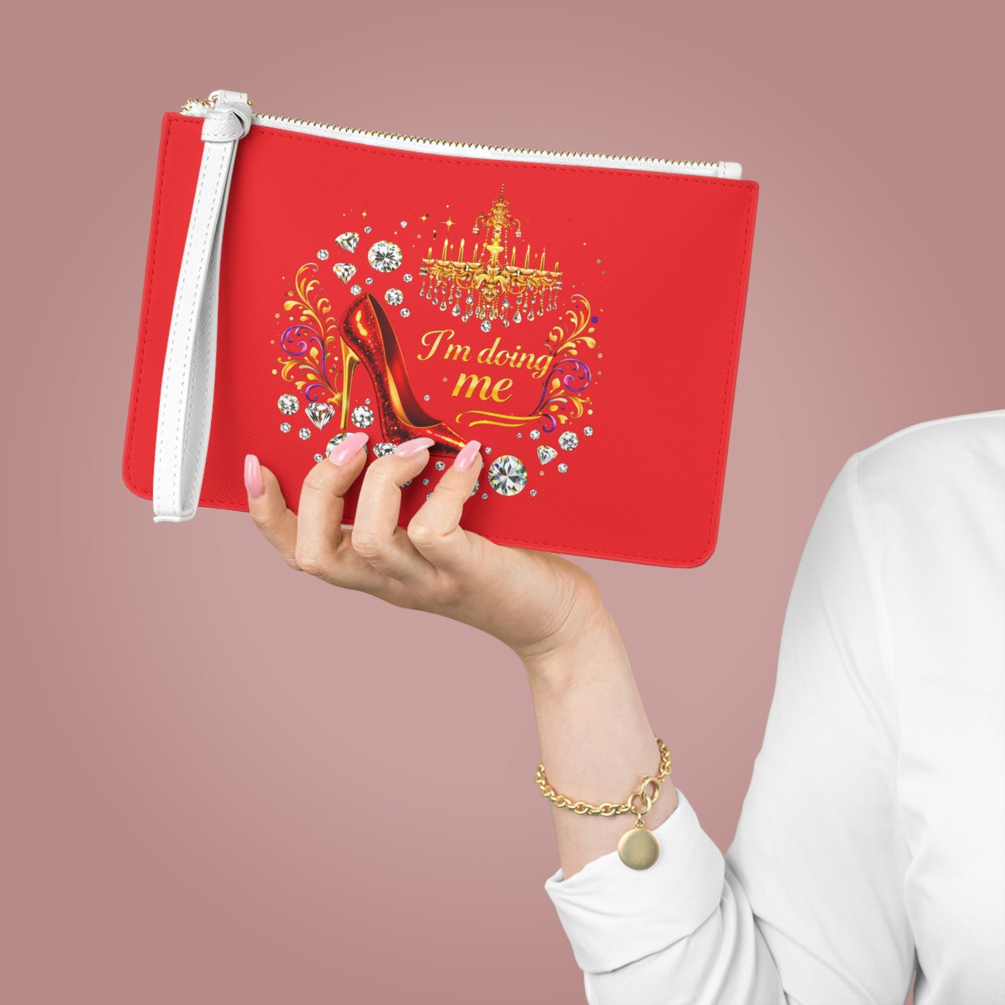 Glam Red Clutch Bag — "I'm Doing Me" Heels & Diamond Print Wristlet