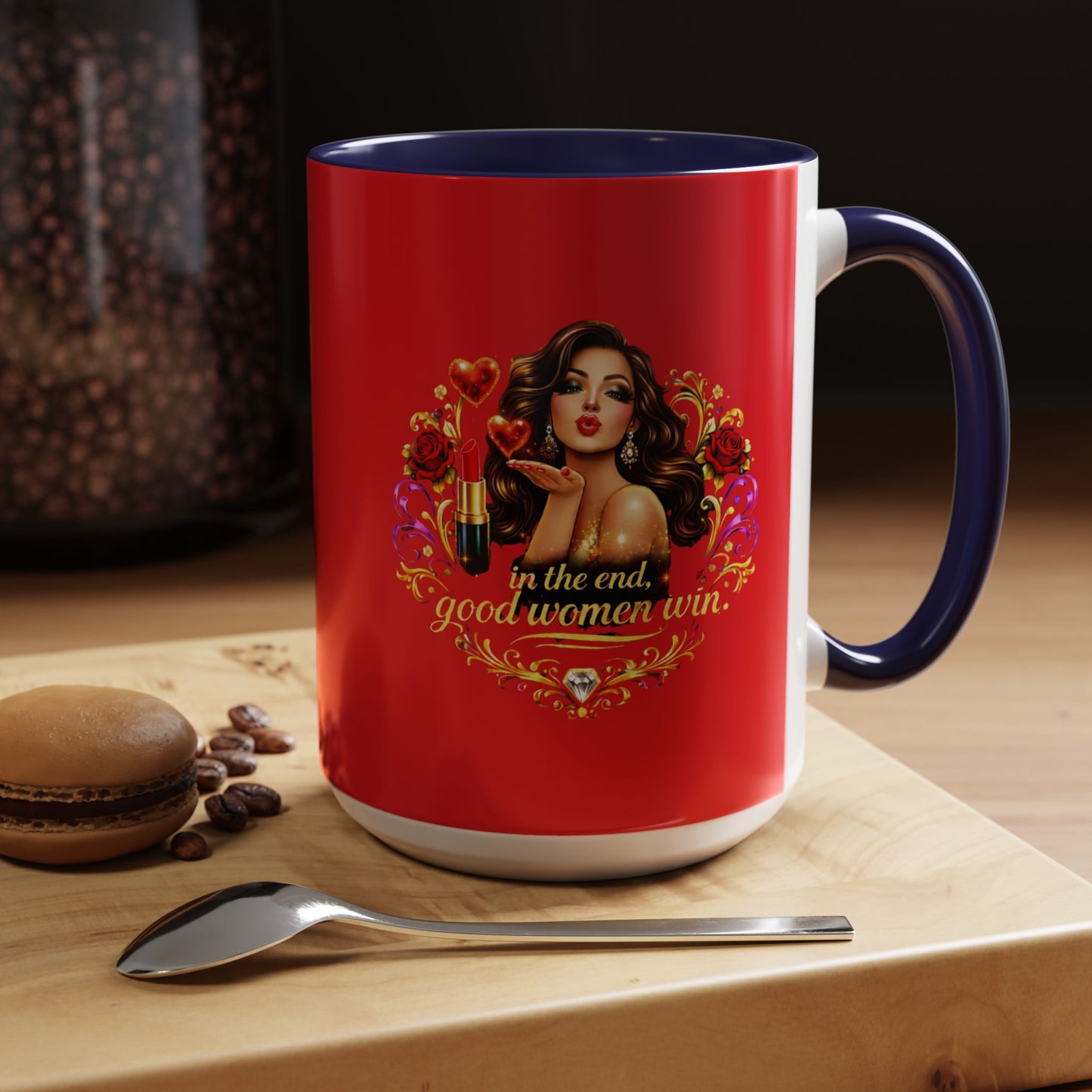 Coffee Mug — "In the End, Good Women Win" BRUNETTE Retro Pin-Up Design