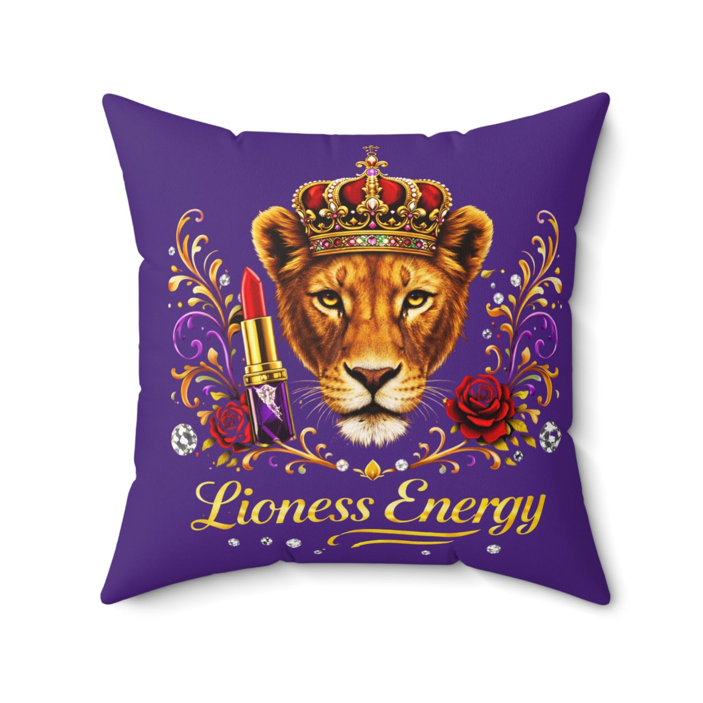 Lioness Energy Decorative Pillow — Crowned Lioness with Lipstick & Rose (Purple)