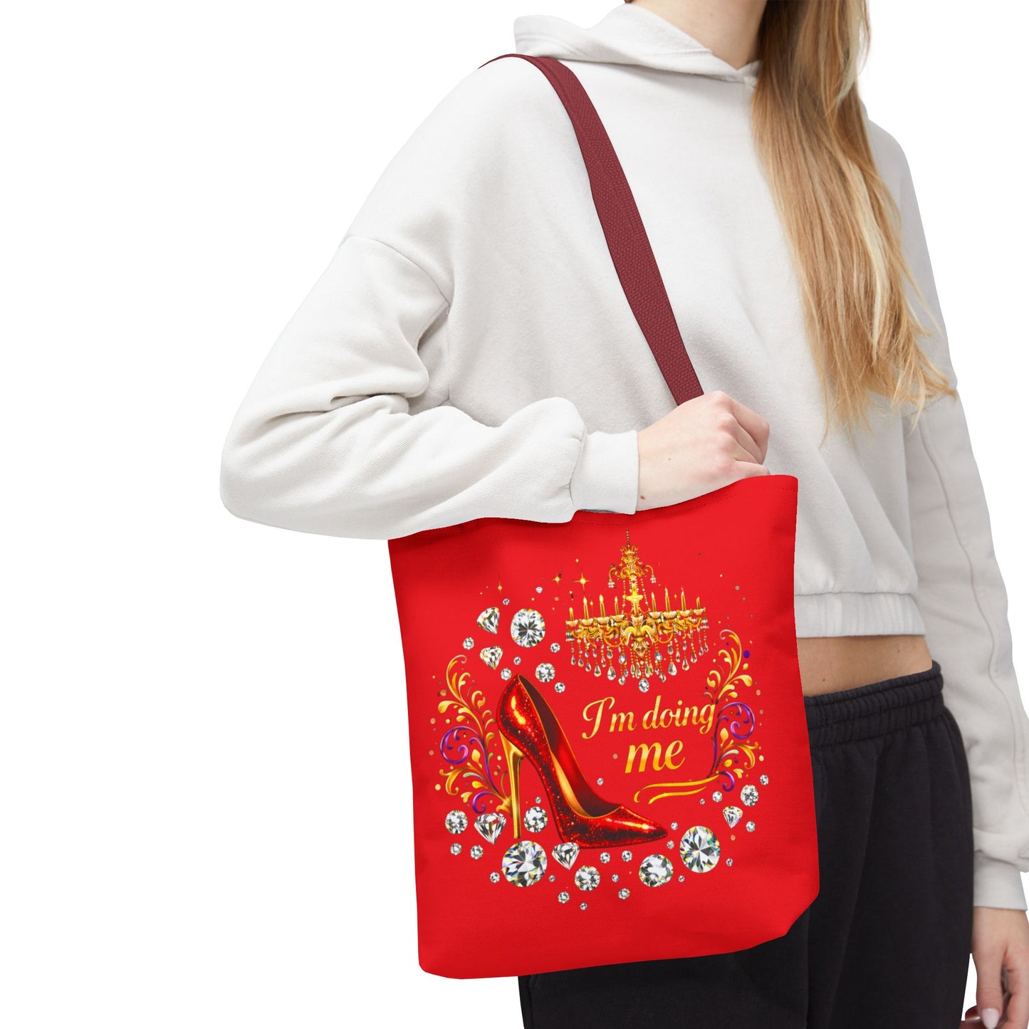Red 'I'm Doing Me' Tote Bag — Glam High Heel & Chandelier Design