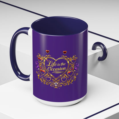 Life Is the Occasion Gold Heart Accent Coffee Mug — Inspirational Purple 11/15oz