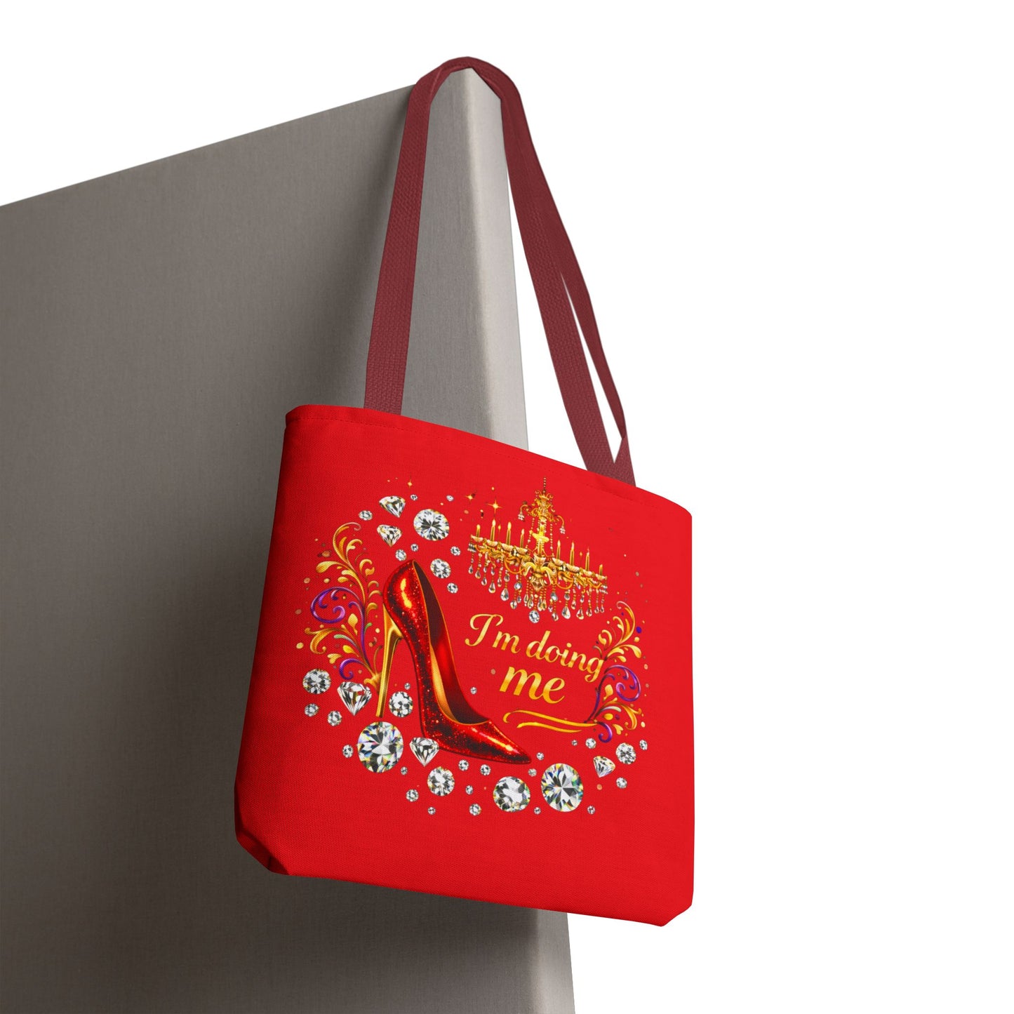 Red 'I'm Doing Me' Tote Bag — Glam High Heel & Chandelier Design