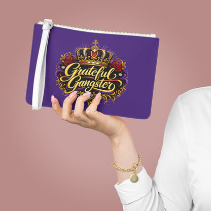 Grateful Gangster Clutch Bag — Purple Wristlet with Crown & Rose Graphic
