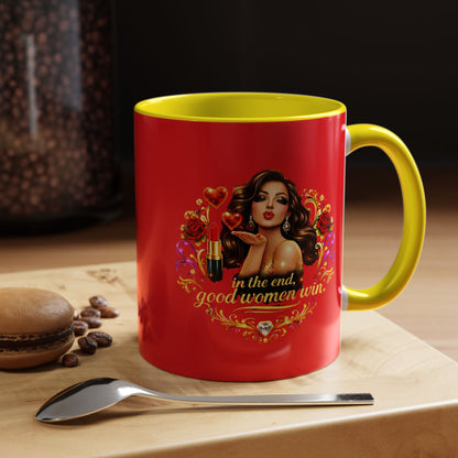 Coffee Mug — "In the End, Good Women Win" BRUNETTE Retro Pin-Up Design