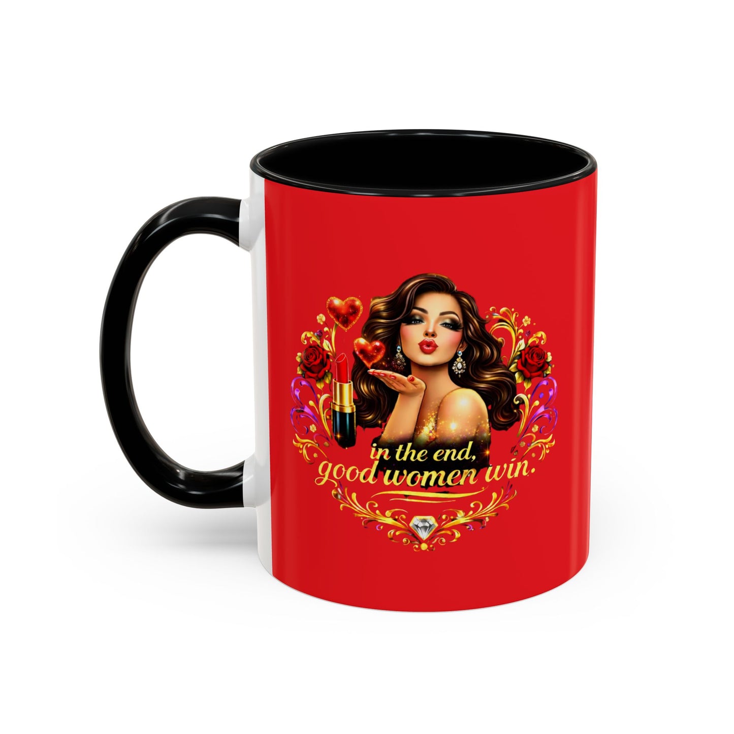 Coffee Mug — "In the End, Good Women Win" BRUNETTE Retro Pin-Up Design