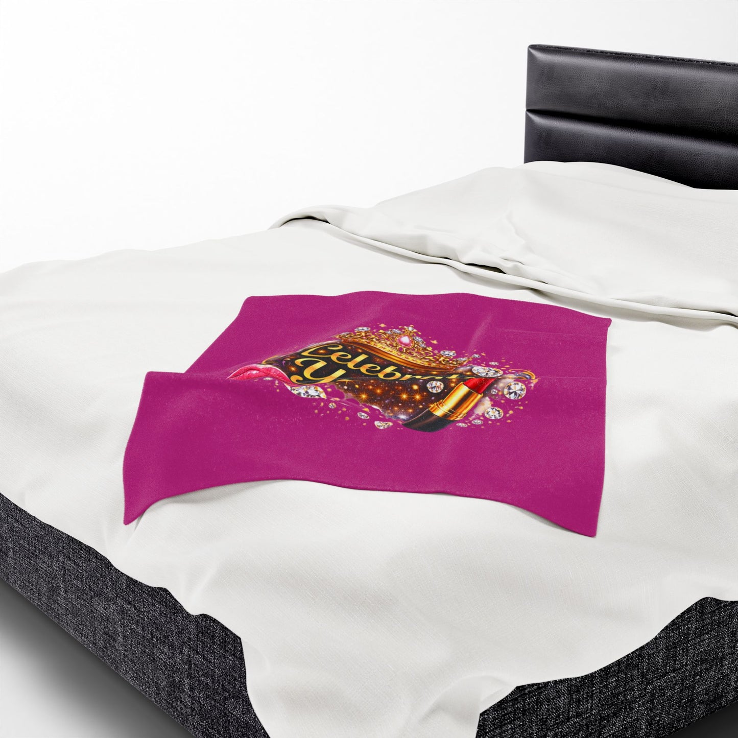 Celebrate Yourself Velveteen Plush Blanket — Glam Crown, Lipstick & Jewel Graphic