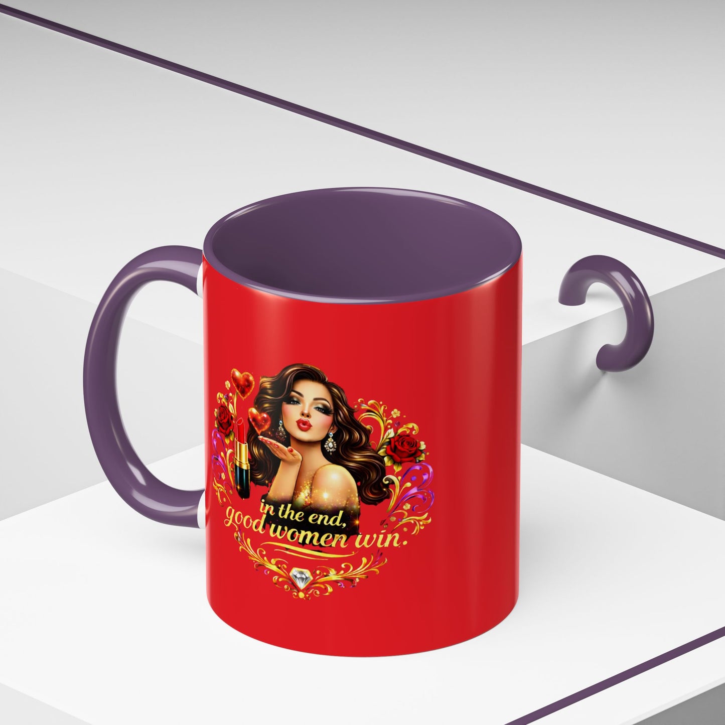Coffee Mug — "In the End, Good Women Win" BRUNETTE Retro Pin-Up Design