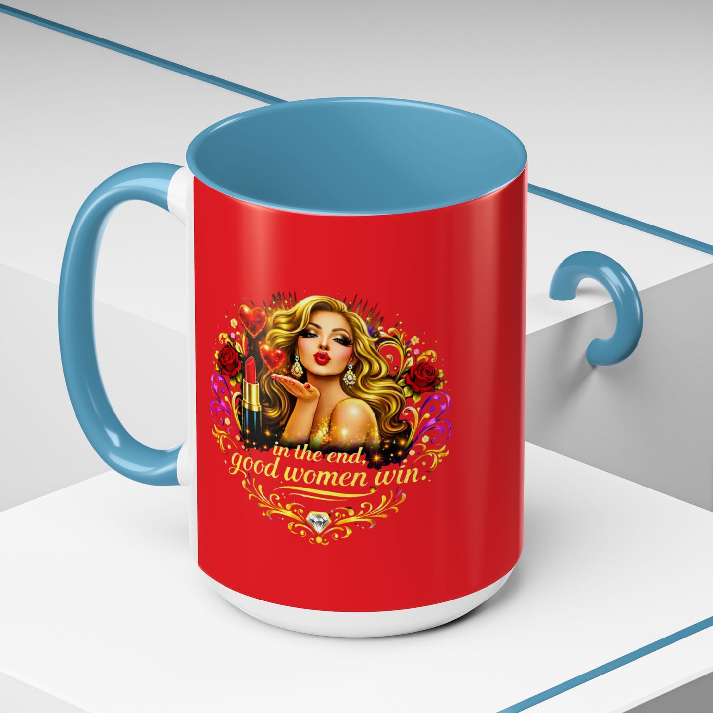 Coffee Mug — “In the End, Good Women Win” BLONDE Retro Glam Accent Mug (11/15 oz)